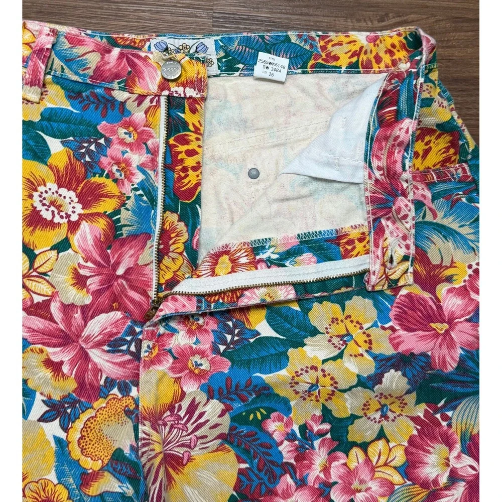 Vintage 80's Sasson Floral High Waisted Denim Shorts Tropical Womens Sz 16